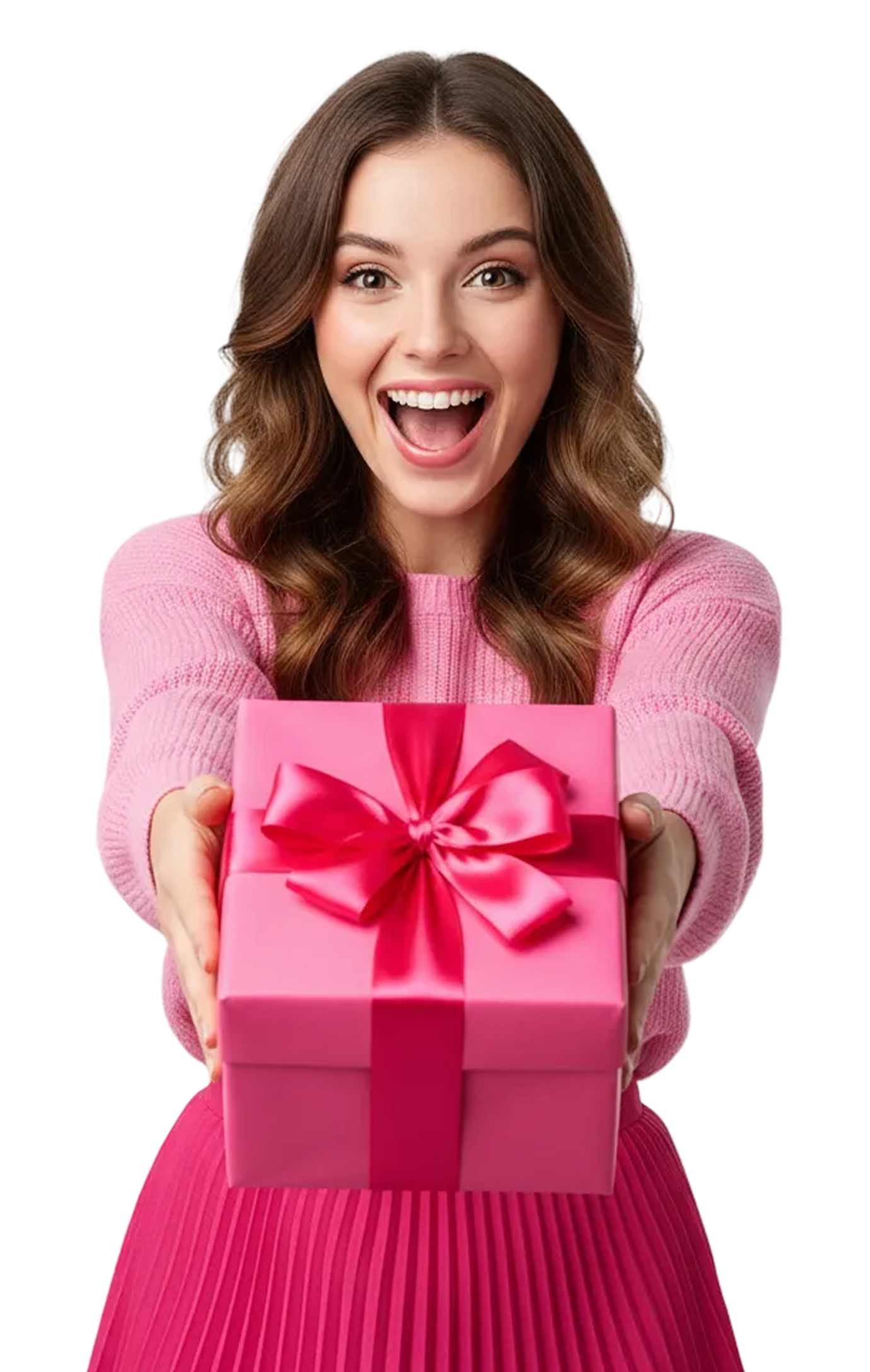 Mujer sonriendo sosteniendo un regalo rosa con cinta roja